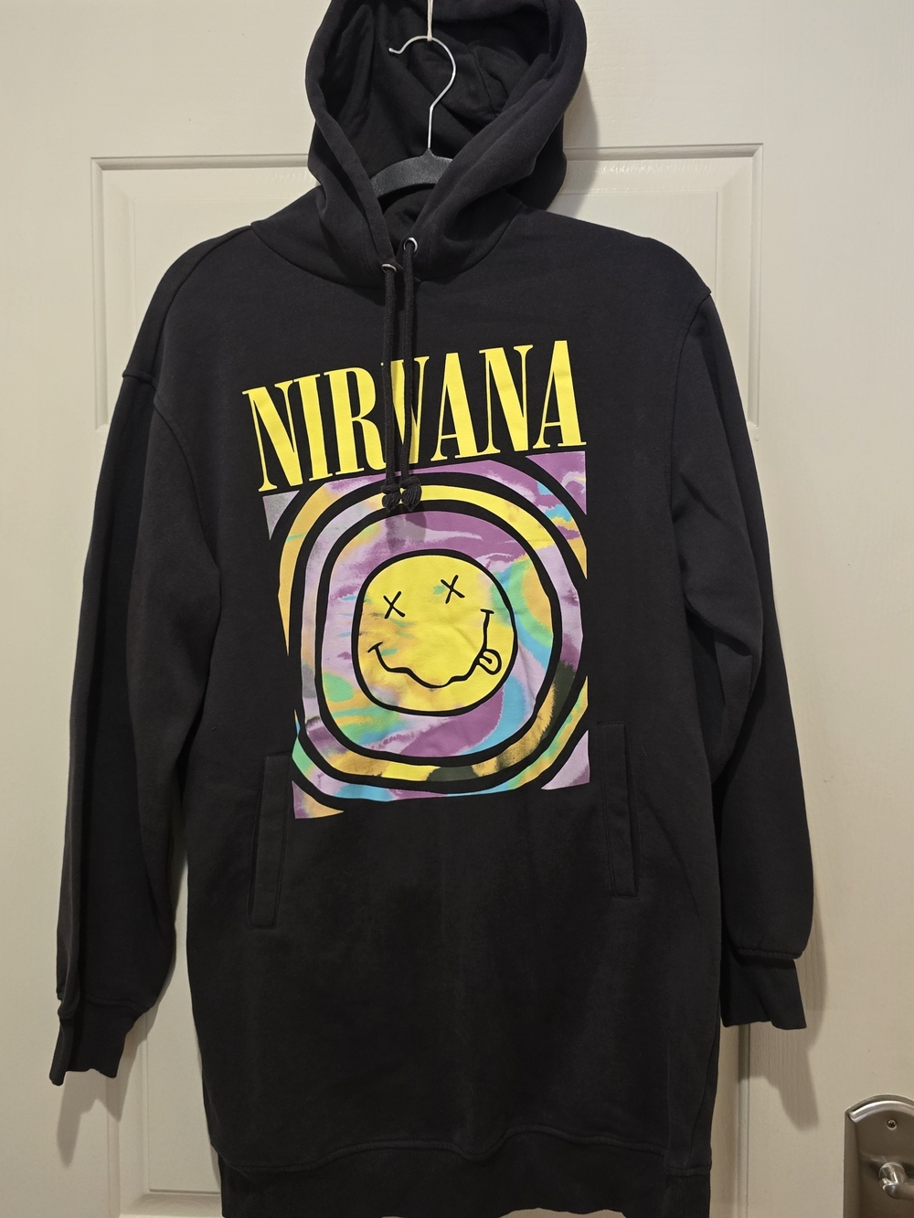 Nirvana Smiley Face Hoodie Dress Sweatshirt Black Women's Size Large